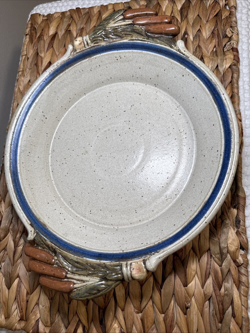 Vintage Studio Pottery Cattail Stoneware Quiche Pie Baker Dish Signed 1985